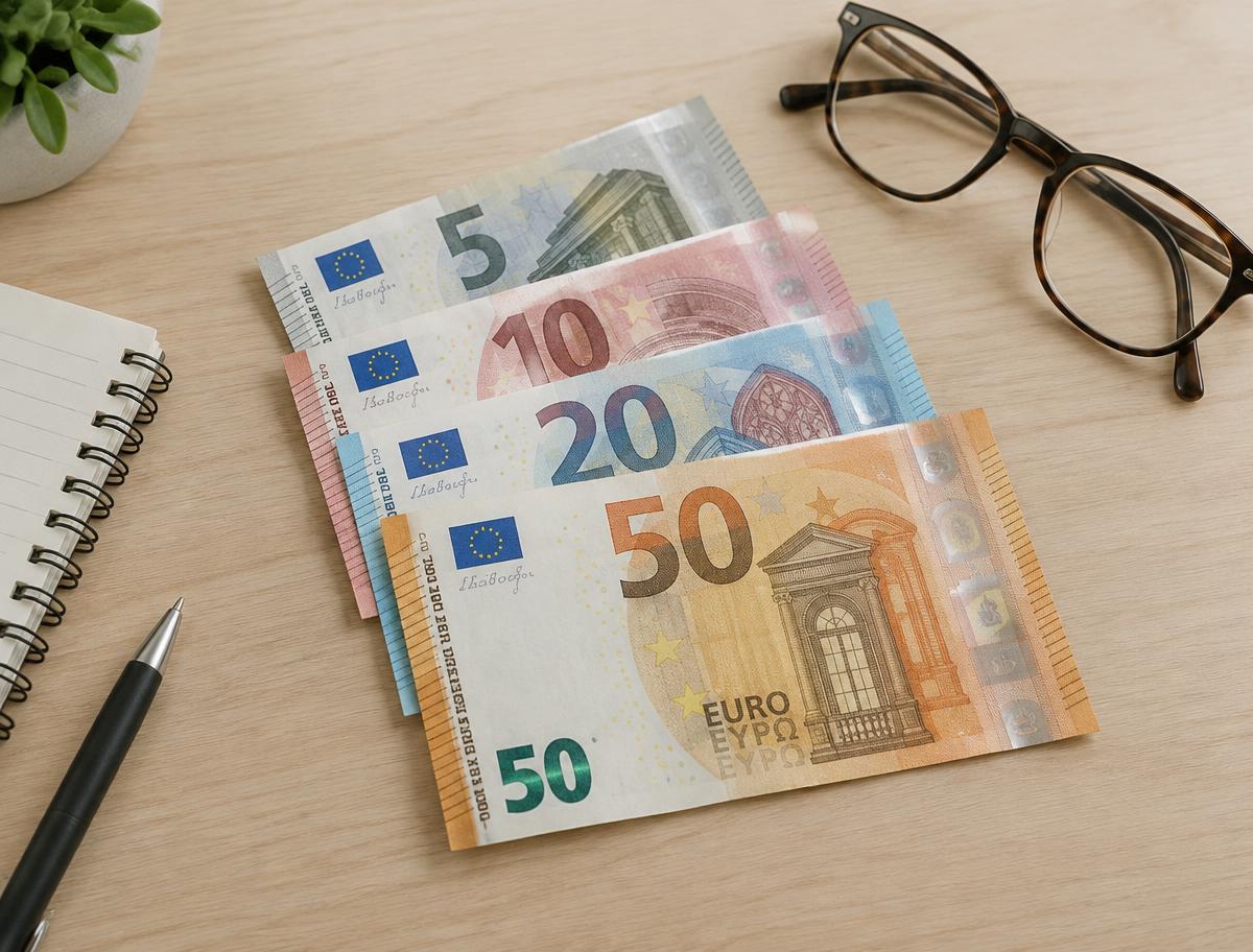 Billets d'euros dépliés sur un bureau avec un carnet et des lunettes